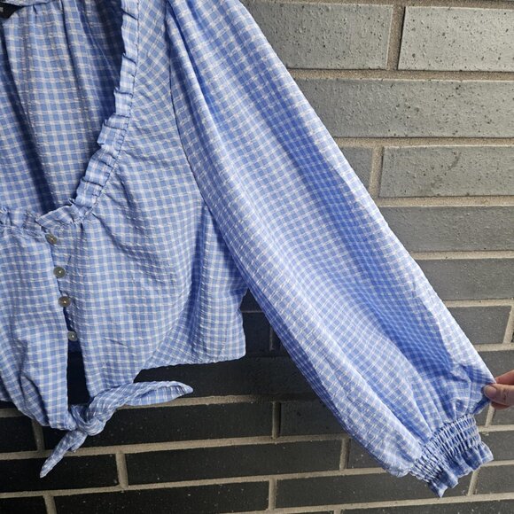 Zara Women's Blue & White Gingham Prairie Boho Cottage Crop Top Tie Front Size M - Picture 7 of 14